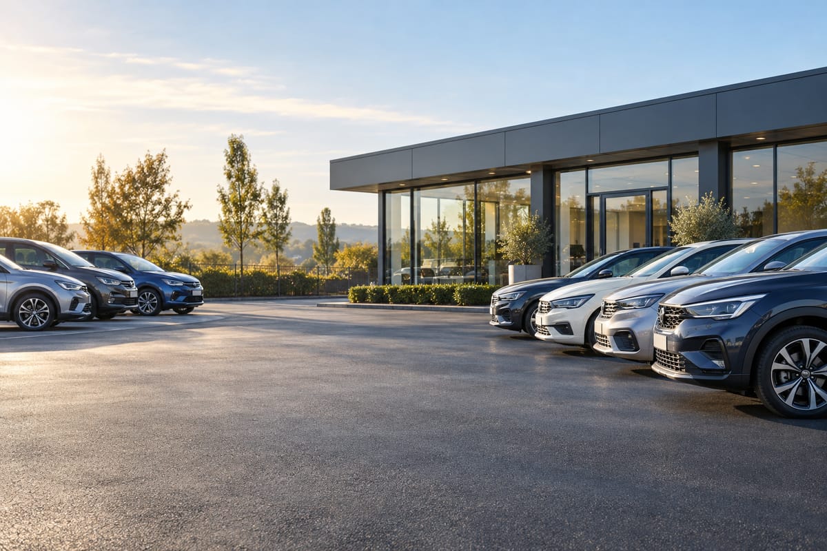 Orderly dealership forecourt with parked cars
